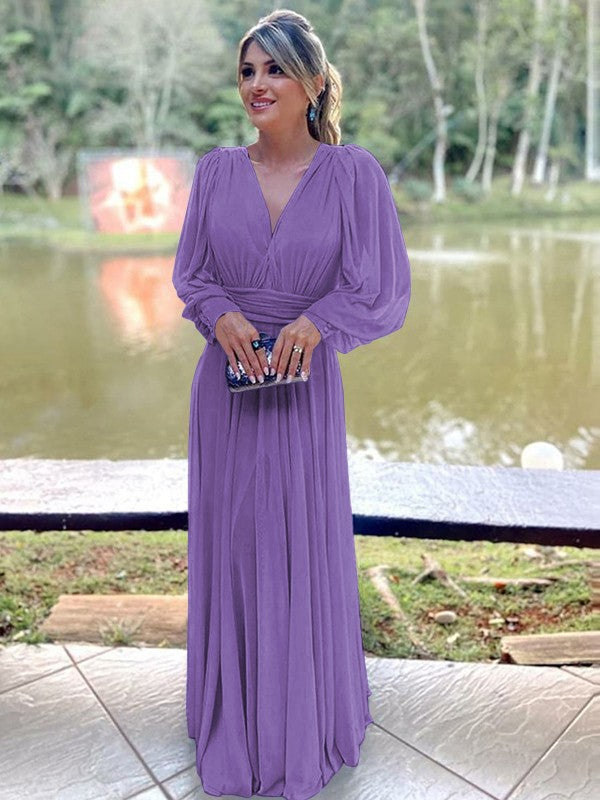 A-Line/Princess Chiffon Ruffles V-neck Long Sleeves Floor-Length Mother of the Bride Dress