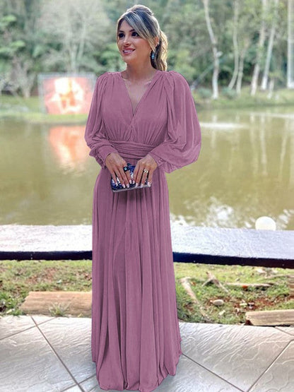 A-Line/Princess Chiffon Ruffles V-neck Long Sleeves Floor-Length Mother of the Bride Dress