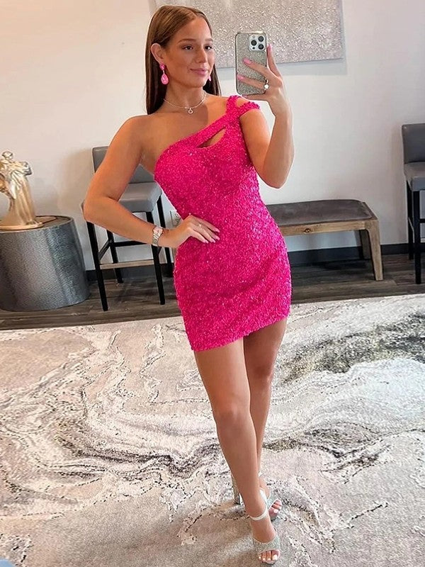Sheath/Column Velvet Sequins One-Shoulder Sleeveless Short/Mini Homecoming Dress