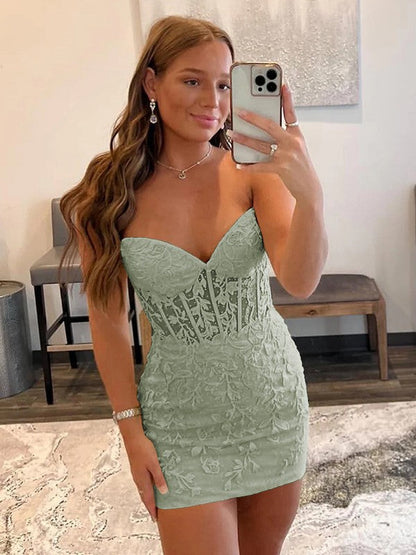 Sheath/Column Lace Sweetheart Sleeveless Short/Mini Corset Prom Dress