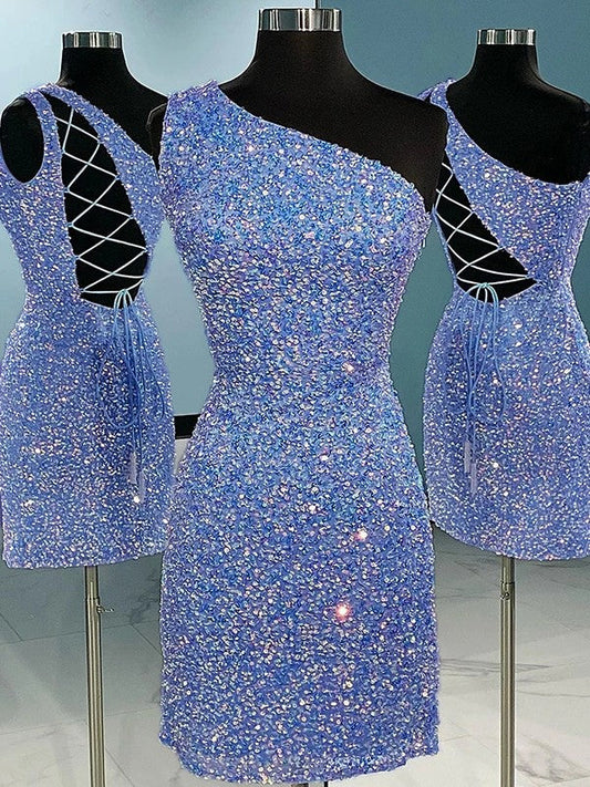 Sheath/Column Velvet Sequins One-Shoulder Sleeveless Short/Mini Homecoming Dress