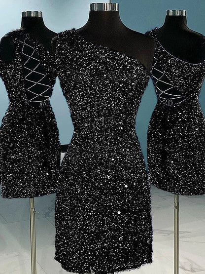 Sheath/Column Velvet Sequins One-Shoulder Sleeveless Short/Mini Homecoming Dress
