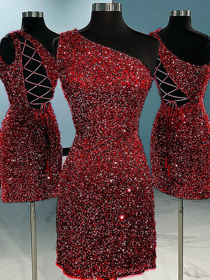 Sheath/Column Velvet Sequins One-Shoulder Sleeveless Short/Mini Homecoming Dress