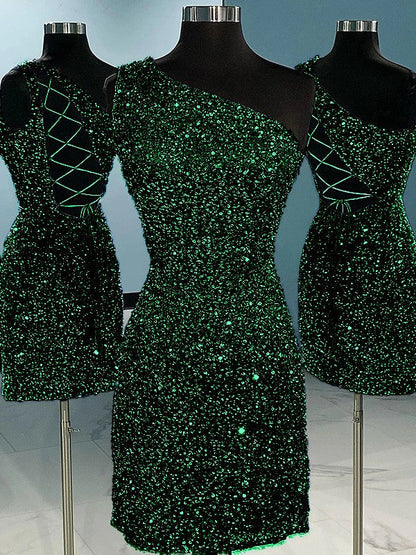 Sheath/Column Velvet Sequins One-Shoulder Sleeveless Short/Mini Homecoming Dress