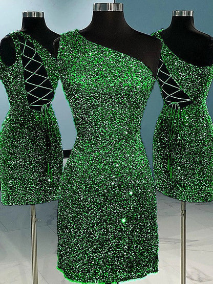 Sheath/Column Velvet Sequins One-Shoulder Sleeveless Short/Mini Homecoming Dress