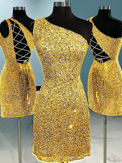 Sheath/Column Velvet Sequins One-Shoulder Sleeveless Short/Mini Homecoming Dress