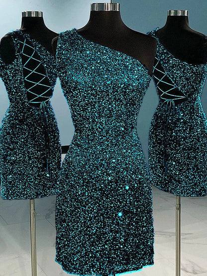 Sheath/Column Velvet Sequins One-Shoulder Sleeveless Short/Mini Homecoming Dress