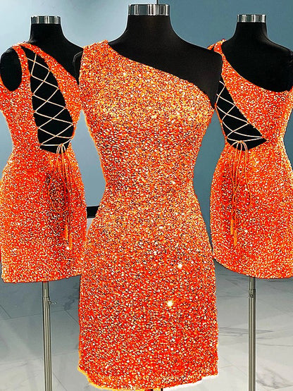 Sheath/Column Velvet Sequins One-Shoulder Sleeveless Short/Mini Homecoming Dress