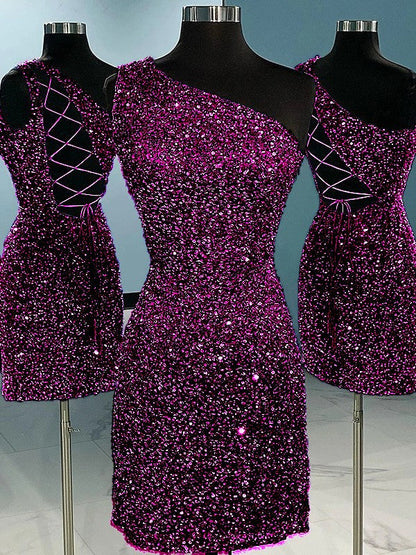 Sheath/Column Velvet Sequins One-Shoulder Sleeveless Short/Mini Homecoming Dress