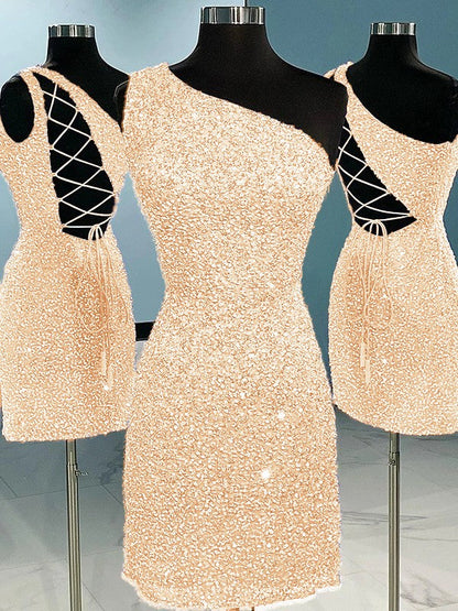 Sheath/Column Velvet Sequins One-Shoulder Sleeveless Short/Mini Homecoming Dress