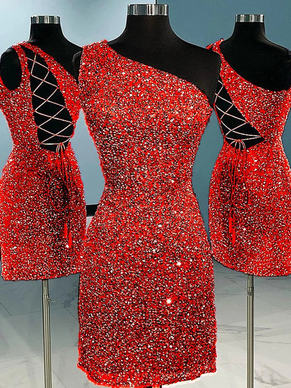 Sheath/Column Velvet Sequins One-Shoulder Sleeveless Short/Mini Homecoming Dress