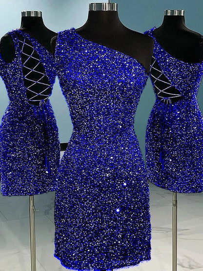Sheath/Column Velvet Sequins One-Shoulder Sleeveless Short/Mini Homecoming Dress
