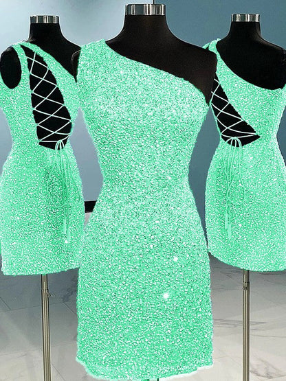 Sheath/Column Velvet Sequins One-Shoulder Sleeveless Short/Mini Homecoming Dress
