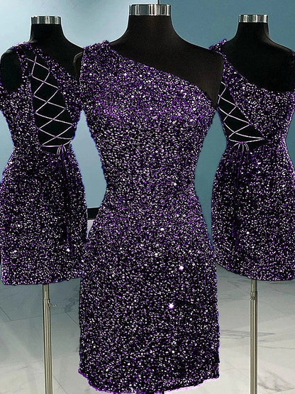 Sheath/Column Velvet Sequins One-Shoulder Sleeveless Short/Mini Homecoming Dress