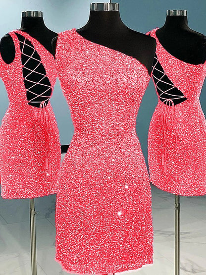 Sheath/Column Velvet Sequins One-Shoulder Sleeveless Short/Mini Homecoming Dress