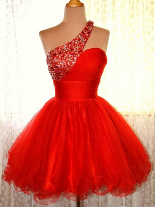 A-Line/Princess Tulle Ruffles One-Shoulder Sleeveless Short/Mini Prom Dress