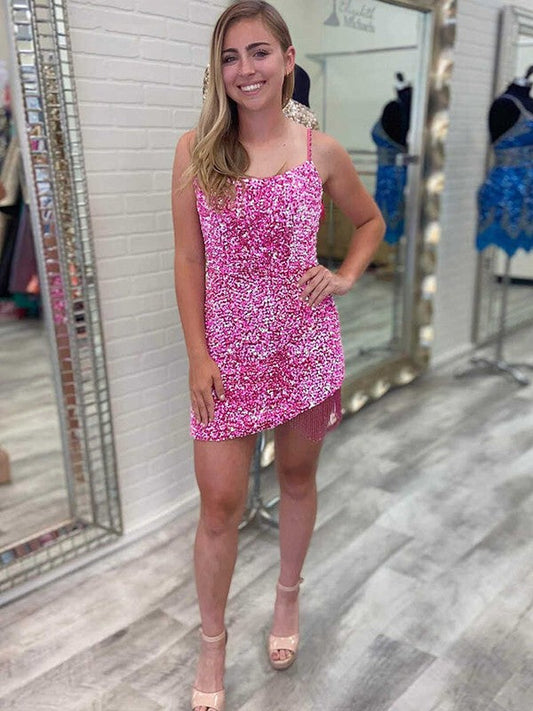 Sheath/Column Velvet Sequins Spaghetti Straps Sleeveless Short/Mini Homecoming Dress