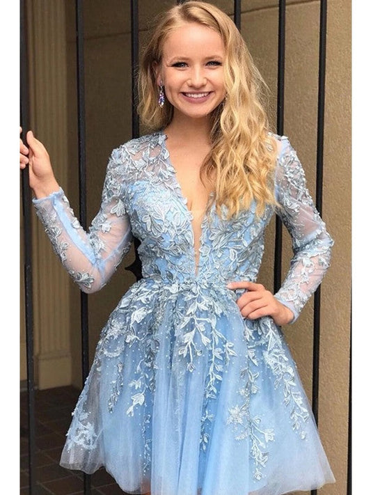 A-Line/Princess Lace Applique V-neck Long Sleeves Short/Mini Prom Dress