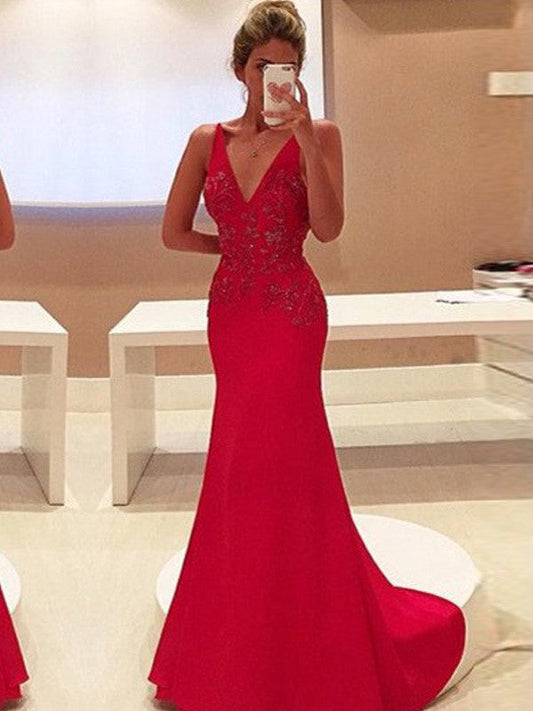 Sheath Stretch Crepe V-neck Sleeveless Sweep/Brush Train With Applique Mother of the Bride Dress