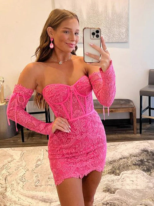 Sheath/Column Lace Sweetheart Long Sleeves Short/Mini Prom Dress