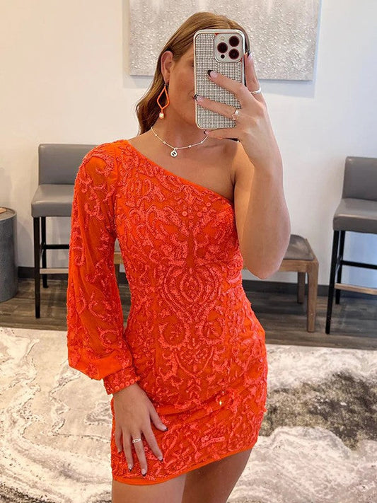 Sheath/Column One-Shoulder Long Sleeves Short/Mini Prom Dress