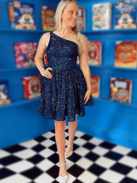 A-Line/Princess Sequins Ruffles One-Shoulder Sleeveless Short/Mini Homecoming Dress