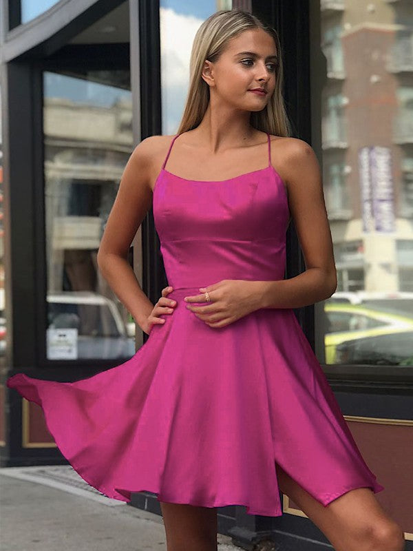 A-Line/Princess Elastic Woven Satin Ruffles Spaghetti Straps Sleeveless Short/Mini Homecoming Dress