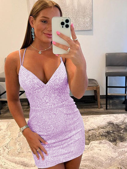 Sheath/Column Sequins V-neck Sleeveless Short/Mini Prom Dress