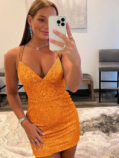 Sheath/Column Sequins V-neck Sleeveless Short/Mini Prom Dress