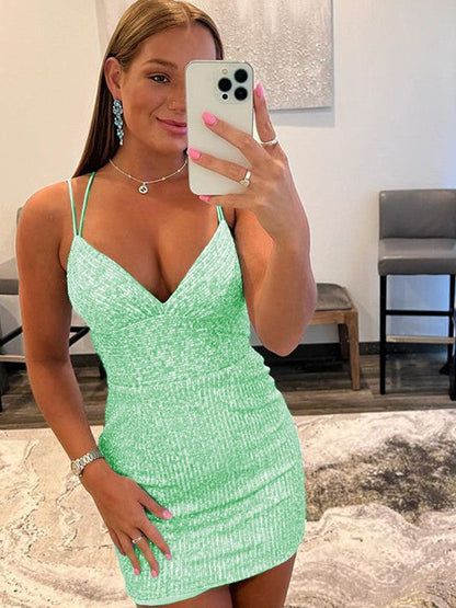 Sheath/Column Sequins V-neck Sleeveless Short/Mini Prom Dress