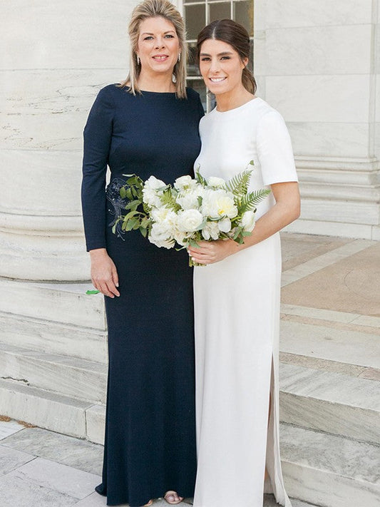 Sheath/Column Stretch Crepe Embroidery Scoop Long Sleeves Floor-Length Mother of the Bride Dress