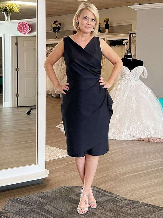 Sheath/Column Stretch Crepe Ruffles V-neck Sleeveless Knee-Length Mother of the Bride Dress