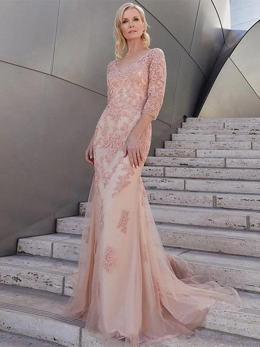 Trumpet/Mermaid Tulle Lace V-neck 3/4 Sleeves Sweep/Brush Train Mother of the Bride Dress