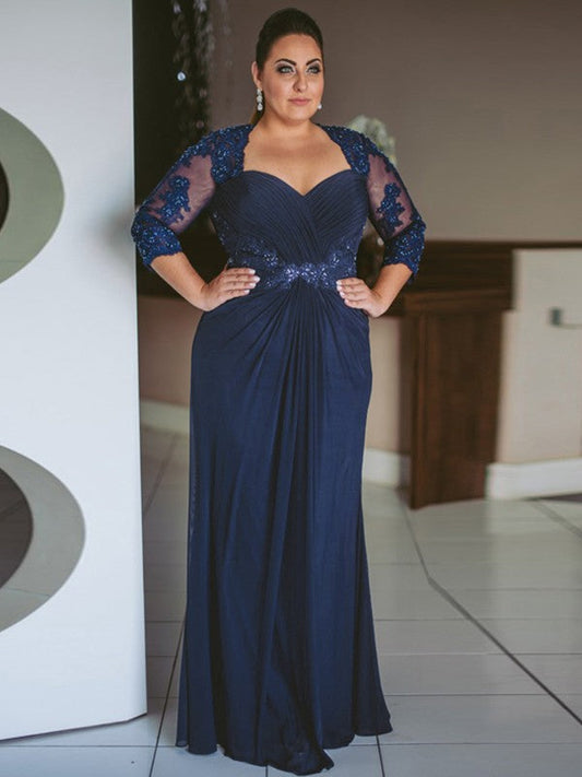 Sheath/Column Chiffon Applique Sweetheart 3/4 Sleeves Floor-Length Mother of the Bride Dress