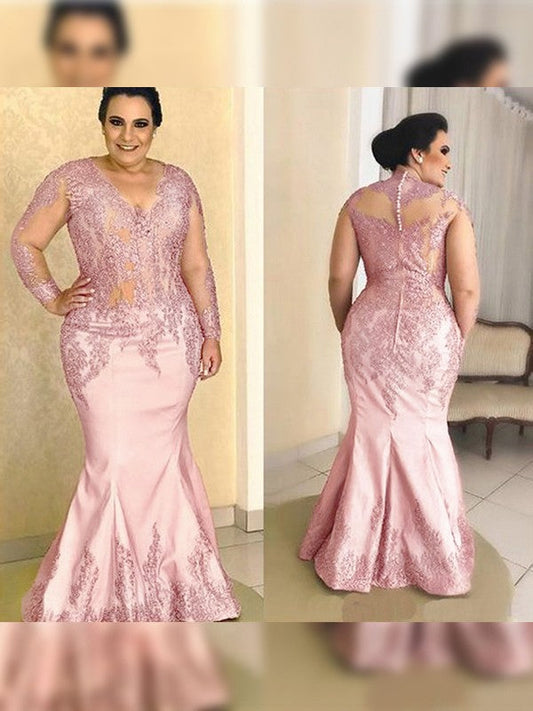 Trumpet/Mermaid Satin Applique V-neck Long Sleeves Floor-Length Mother of the Bride Dress