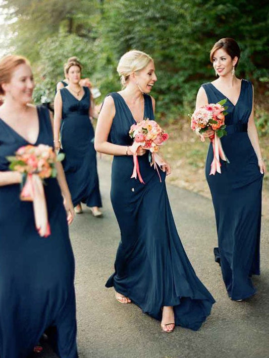 Sheath/Column Ruched V-neck Sleeveless Sweep/Brush Train Bridesmaid Dresses
