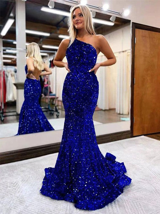 Trumpet/Mermaid Velvet Sequins Ruffles One-Shoulder Sleeveless Sweep/Brush Train Prom Dress