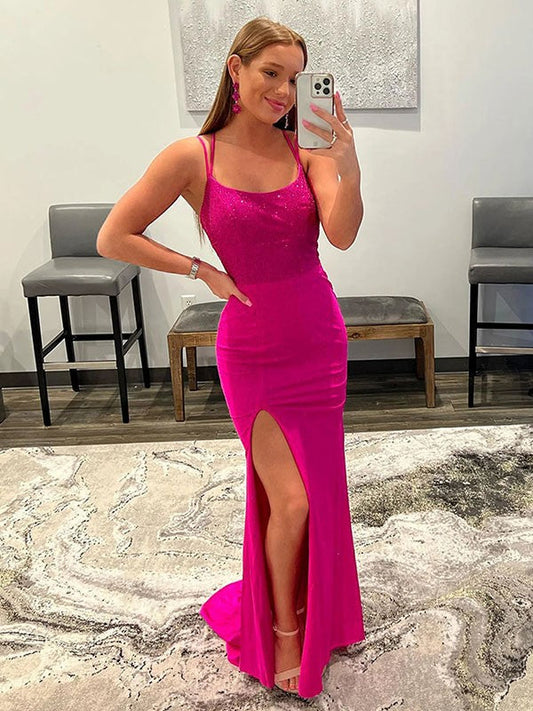 Sheath/Column Jersey Spaghetti Straps Sleeveless Sweep/Brush Train Prom Dress