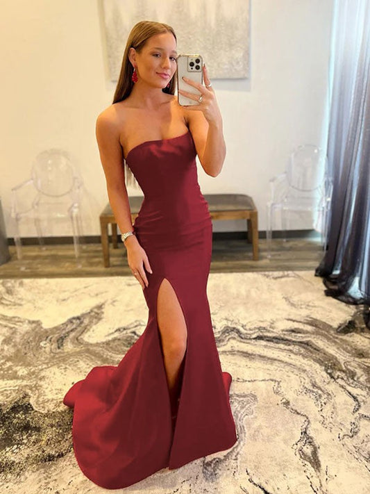 Sheath/Column Stretch Crepe Strapless Sleeveless Sweep/Brush Train Prom Dress