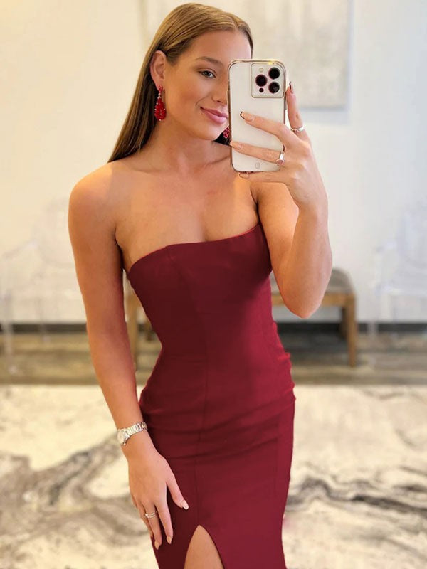 Sheath/Column Stretch Crepe Strapless Sleeveless Sweep/Brush Train Prom Dress
