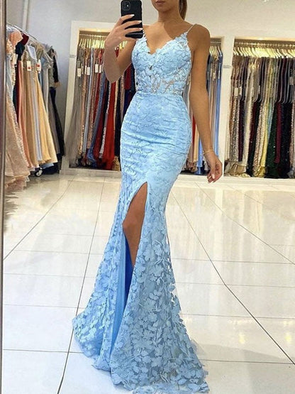 Sheath/Column Lace V-neck Sleeveless Sweep/Brush Train Prom Dress