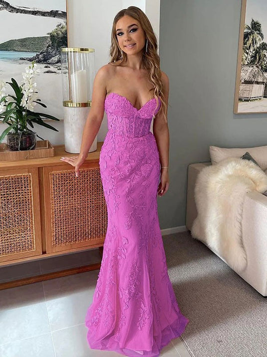 Sheath/Column Tulle Applique Sweetheart Sleeveless Sweep/Brush Train Prom Dress