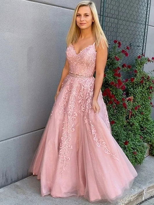 A-Line/Princess Tulle Applique V-neck Sleeveless Floor-Length Prom Dress