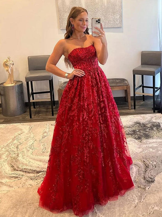 A-Line/Princess Tulle Applique Strapless Sleeveless Sweep/Brush Train Prom Dress