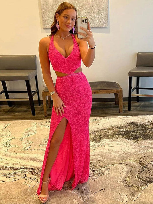Sheath/Column Velvet Sequins V-neck Sleeveless Sweep/Brush Train Prom Dress