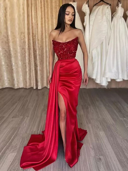 Sheath/Column Elastic Woven Satin Sequin Strapless Sleeveless Sweep/Brush Train Prom Dress