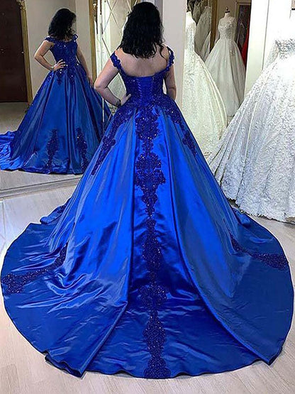 Ball Gown Satin Applique Straps Sleeveless Court Train Prom Dress