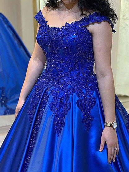 Ball Gown Satin Applique Straps Sleeveless Court Train Prom Dress