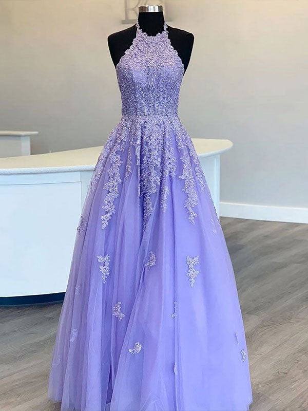 A-Line/Princess Tulle Applique Halter Sleeveless Floor-Length Prom Dress