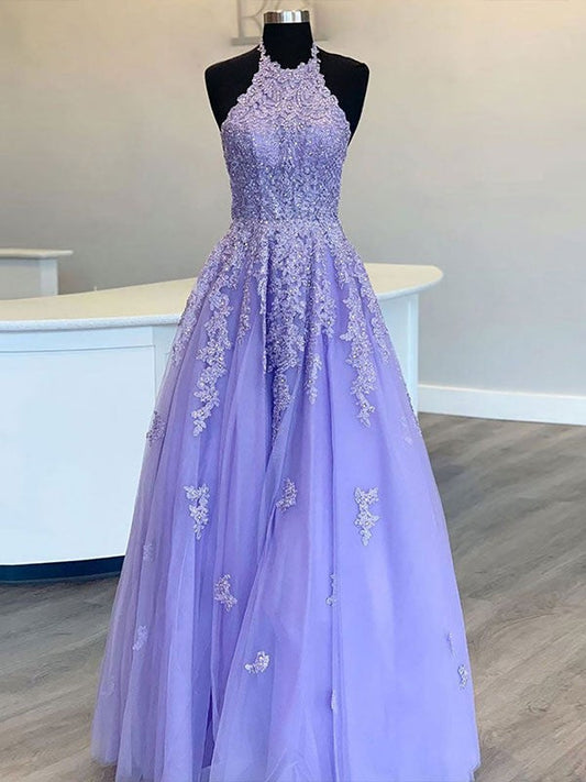 A-Line/Princess Tulle Applique Halter Sleeveless Floor-Length Prom Dress